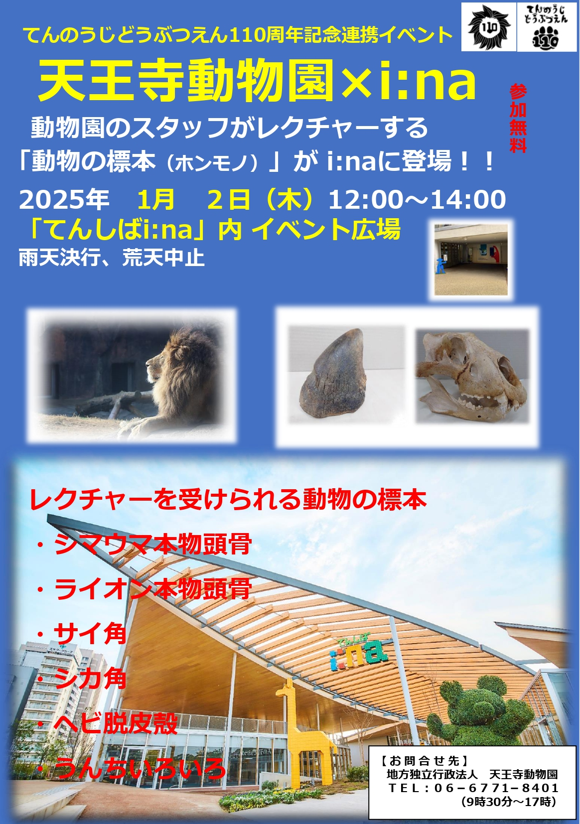 天王寺動物園×i:na｜2025年1月2日（木）動物のホンモノ標本が間近で見られる特別イベント開催！